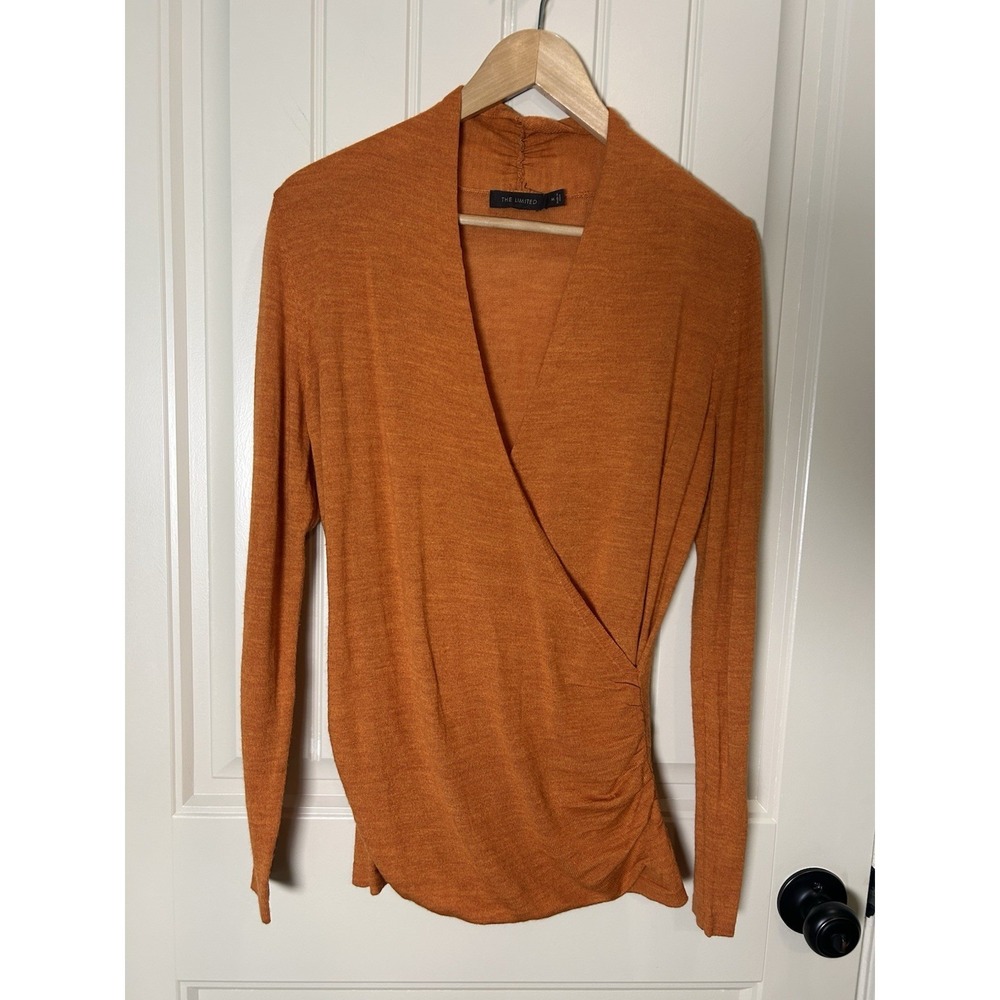 The Limited Women Merino Wool Sz M Orange Surplice Wrap Long Sleeve Sweater Chic